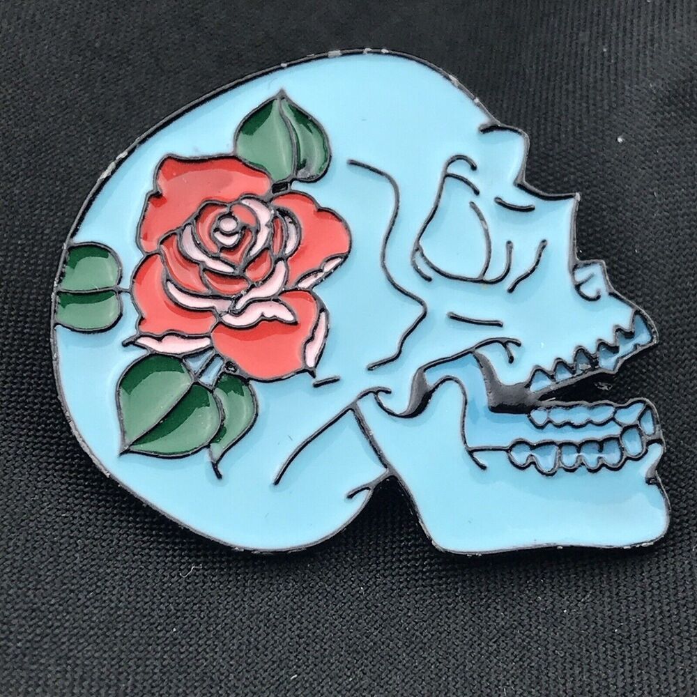 Blue Skull Rose Pin Floral Goth Death Pinback